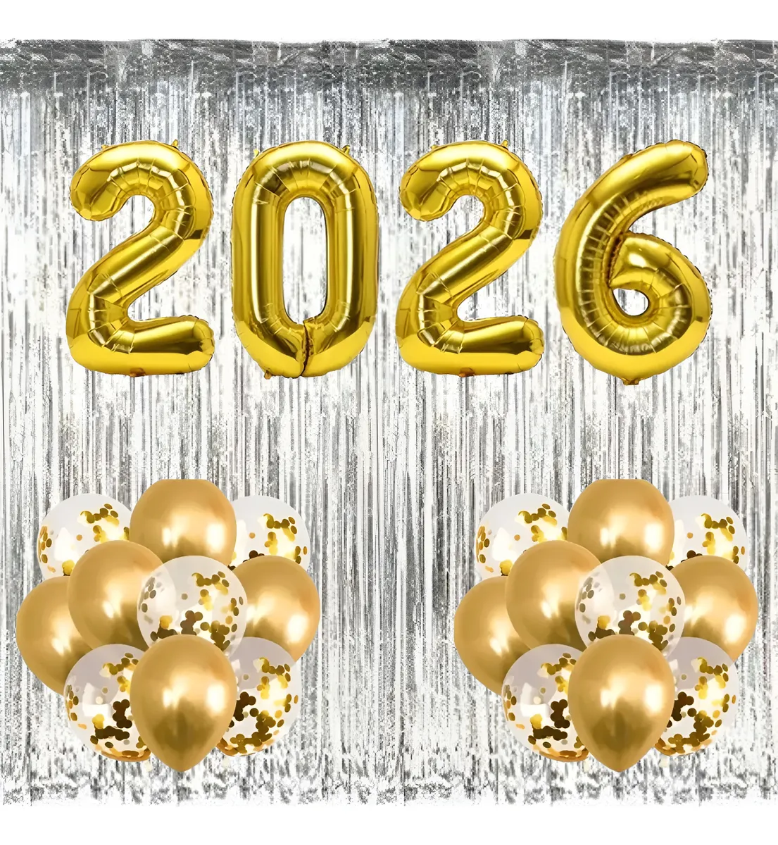 Kit Balão 2026 70cm + 20 Bexigas + 2 Cortinas Festa Ano Novo