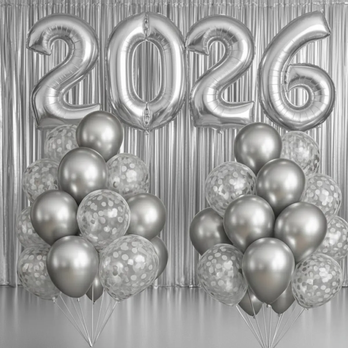 Kit Balão 2026 + 2 Cortina Metalizada + 10 Balões - Ano Novo